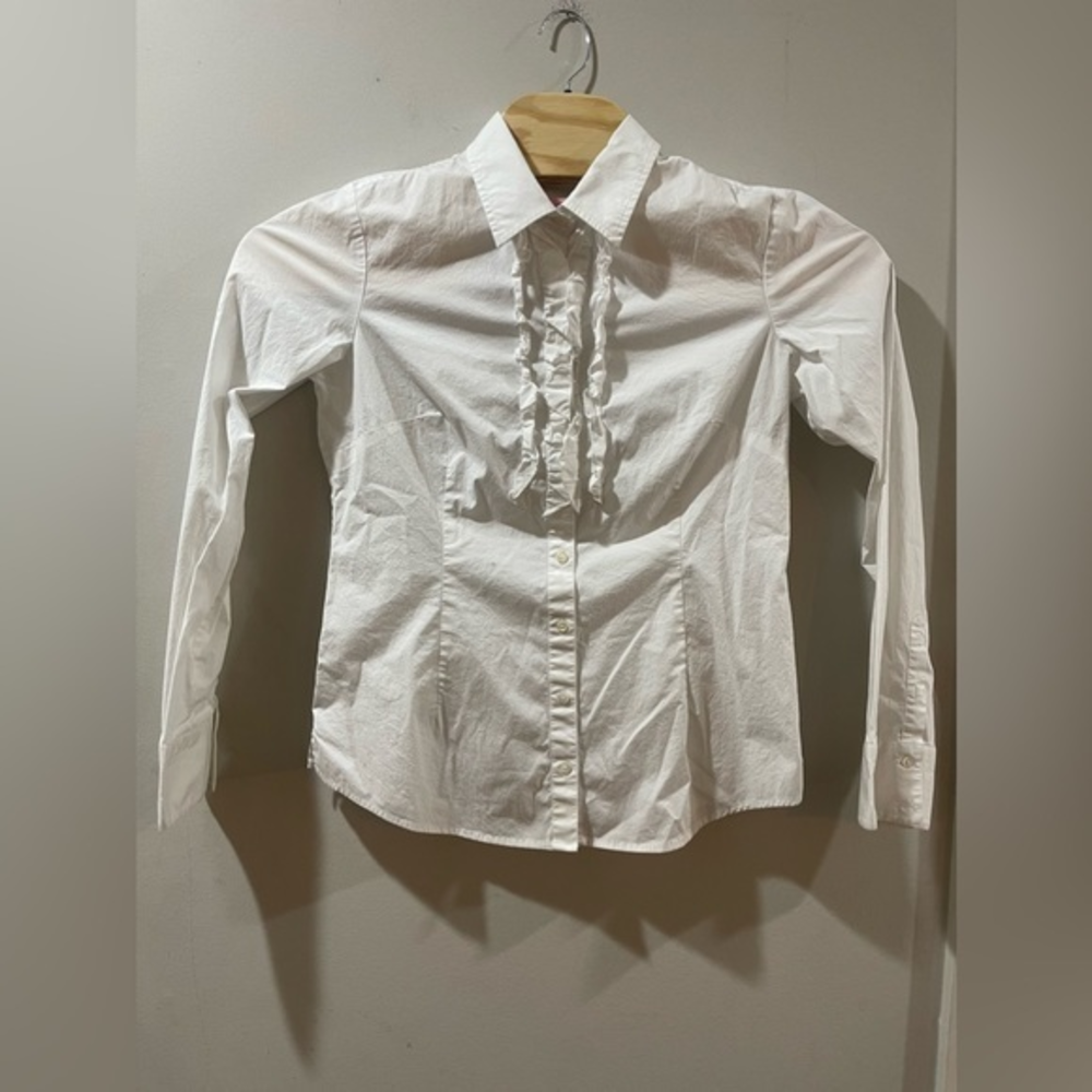 Lilly Pulitzer White Ruffle Front Button Up Long Sleeve Shirt Size 12‎